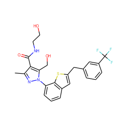 Cc1nn(-c2cccc3cc(Cc4cccc(C(F)(F)F)c4)sc23)c(CO)c1C(=O)NCCO ZINC000072314944