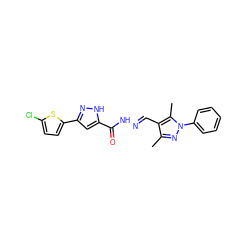 Cc1nn(-c2ccccc2)c(C)c1/C=N/NC(=O)c1cc(-c2ccc(Cl)s2)n[nH]1 ZINC000013479339