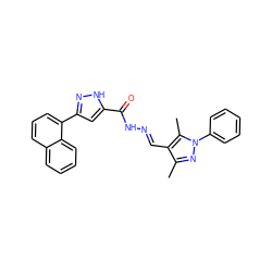 Cc1nn(-c2ccccc2)c(C)c1/C=N/NC(=O)c1cc(-c2cccc3ccccc23)n[nH]1 ZINC000012464045