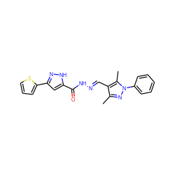 Cc1nn(-c2ccccc2)c(C)c1/C=N/NC(=O)c1cc(-c2cccs2)n[nH]1 ZINC000013496223