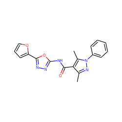 Cc1nn(-c2ccccc2)c(C)c1C(=O)Nc1nnc(-c2ccco2)o1 ZINC000003414808