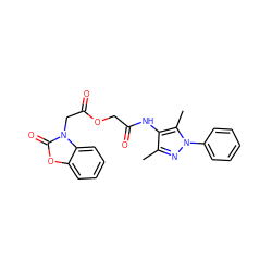 Cc1nn(-c2ccccc2)c(C)c1NC(=O)COC(=O)Cn1c(=O)oc2ccccc21 ZINC000009463364