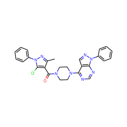 Cc1nn(-c2ccccc2)c(Cl)c1C(=O)N1CCN(c2ncnc3c2cnn3-c2ccccc2)CC1 ZINC000001372338