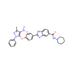 Cc1nn(-c2ccccc2)c(Oc2ccc(-c3nc4cc(C(=O)NC5CCCCC5)ccc4[nH]3)cc2)c1[N+](=O)[O-] ZINC001772588005