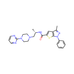 Cc1nn(-c2ccccc2)c2sc(C(=O)N[C@@H](C)CN3CCN(c4ncccn4)CC3)cc12 ZINC000084425529