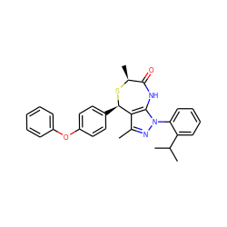 Cc1nn(-c2ccccc2C(C)C)c2c1[C@@H](c1ccc(Oc3ccccc3)cc1)S[C@@H](C)C(=O)N2 ZINC000084652781