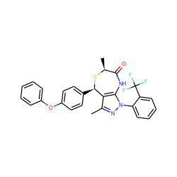 Cc1nn(-c2ccccc2C(F)(F)F)c2c1[C@@H](c1ccc(Oc3ccccc3)cc1)S[C@@H](C)C(=O)N2 ZINC000084653156