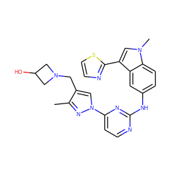 Cc1nn(-c2ccnc(Nc3ccc4c(c3)c(-c3nccs3)cn4C)n2)cc1CN1CC(O)C1 ZINC000169709018