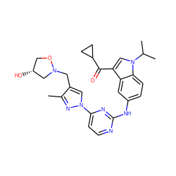 Cc1nn(-c2ccnc(Nc3ccc4c(c3)c(C(=O)C3CC3)cn4C(C)C)n2)cc1CN1C[C@H](O)CO1 ZINC001772590112