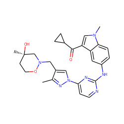 Cc1nn(-c2ccnc(Nc3ccc4c(c3)c(C(=O)C3CC3)cn4C)n2)cc1CN1C[C@](C)(O)CCO1 ZINC001772595793