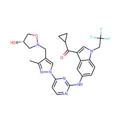 Cc1nn(-c2ccnc(Nc3ccc4c(c3)c(C(=O)C3CC3)cn4CC(F)(F)F)n2)cc1CN1C[C@H](O)CO1 ZINC001772609811