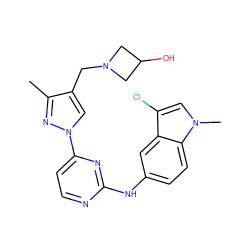 Cc1nn(-c2ccnc(Nc3ccc4c(c3)c(Cl)cn4C)n2)cc1CN1CC(O)C1 ZINC000169709011