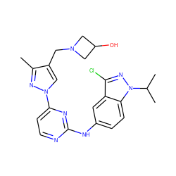 Cc1nn(-c2ccnc(Nc3ccc4c(c3)c(Cl)nn4C(C)C)n2)cc1CN1CC(O)C1 ZINC000169709015