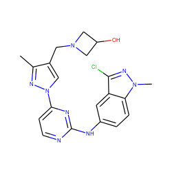 Cc1nn(-c2ccnc(Nc3ccc4c(c3)c(Cl)nn4C)n2)cc1CN1CC(O)C1 ZINC000169709014