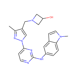 Cc1nn(-c2ccnc(Nc3ccc4c(ccn4C)c3)n2)cc1CN1CC(O)C1 ZINC000169709030