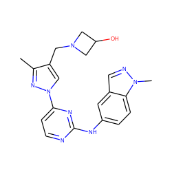 Cc1nn(-c2ccnc(Nc3ccc4c(cnn4C)c3)n2)cc1CN1CC(O)C1 ZINC000169709013