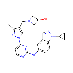 Cc1nn(-c2ccnc(Nc3ccc4c(cnn4C4CC4)c3)n2)cc1CN1CC(O)C1 ZINC000205613975