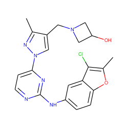 Cc1nn(-c2ccnc(Nc3ccc4oc(C)c(Cl)c4c3)n2)cc1CN1CC(O)C1 ZINC000169709016