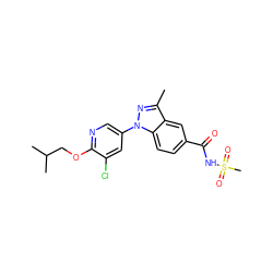 Cc1nn(-c2cnc(OCC(C)C)c(Cl)c2)c2ccc(C(=O)NS(C)(=O)=O)cc12 ZINC000143705136
