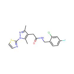 Cc1nn(-c2nccs2)c(C)c1CC(=O)NCc1ccc(F)cc1Cl ZINC000095553087