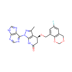 Cc1nn(-c2ncnc3[nH]cnc23)c2c1[C@@H](OCc1cc(F)cc3c1OCOC3)CC(=O)N2 ZINC001772602828