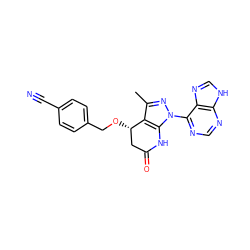 Cc1nn(-c2ncnc3[nH]cnc23)c2c1[C@@H](OCc1ccc(C#N)cc1)CC(=O)N2 ZINC001772610049