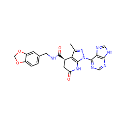 Cc1nn(-c2ncnc3[nH]cnc23)c2c1[C@H](C(=O)NCc1ccc3c(c1)OCO3)CC(=O)N2 ZINC001772620454