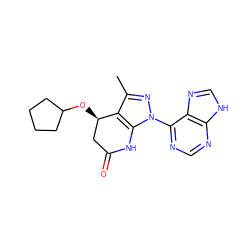 Cc1nn(-c2ncnc3[nH]cnc23)c2c1[C@H](OC1CCCC1)CC(=O)N2 ZINC001772651291