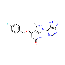 Cc1nn(-c2ncnc3[nH]cnc23)c2c1[C@H](OCc1ccc(F)cc1)CC(=O)N2 ZINC001772594206