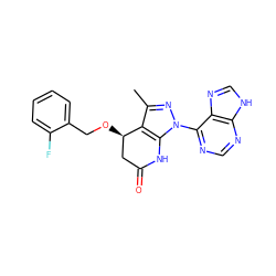 Cc1nn(-c2ncnc3[nH]cnc23)c2c1[C@H](OCc1ccccc1F)CC(=O)N2 ZINC001772640641