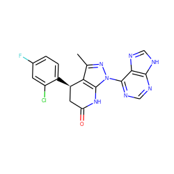 Cc1nn(-c2ncnc3[nH]cnc23)c2c1[C@H](c1ccc(F)cc1Cl)CC(=O)N2 ZINC000031808666