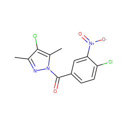 Cc1nn(C(=O)c2ccc(Cl)c([N+](=O)[O-])c2)c(C)c1Cl ZINC000000138223