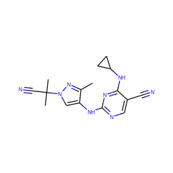 Cc1nn(C(C)(C)C#N)cc1Nc1ncc(C#N)c(NC2CC2)n1 ZINC000205729110