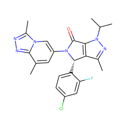 Cc1nn(C(C)C)c2c1[C@H](c1ccc(Cl)cc1F)N(c1cc(C)c3nnc(C)n3c1)C2=O ZINC000261101592