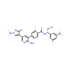 Cc1nn(C(F)F)cc1-c1cnc(N)c(-c2ccc(C(=O)N[C@H](CO)c3cc(F)cc(C(F)F)c3)c(F)c2)c1 ZINC001772611873