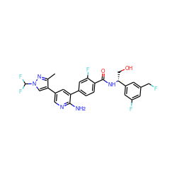 Cc1nn(C(F)F)cc1-c1cnc(N)c(-c2ccc(C(=O)N[C@H](CO)c3cc(F)cc(CF)c3)c(F)c2)c1 ZINC001772624540