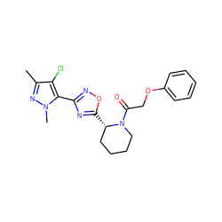 Cc1nn(C)c(-c2noc([C@H]3CCCCN3C(=O)COc3ccccc3)n2)c1Cl ZINC000299855843