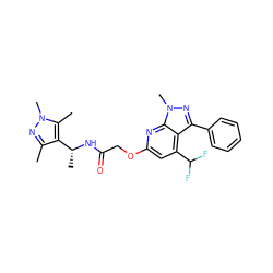 Cc1nn(C)c(C)c1[C@@H](C)NC(=O)COc1cc(C(F)F)c2c(-c3ccccc3)nn(C)c2n1 ZINC000117515476