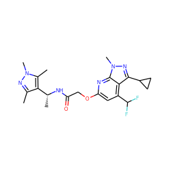 Cc1nn(C)c(C)c1[C@@H](C)NC(=O)COc1cc(C(F)F)c2c(C3CC3)nn(C)c2n1 ZINC000117510564