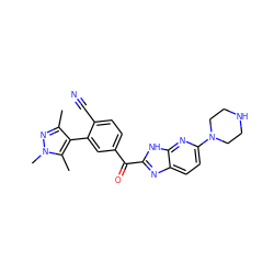 Cc1nn(C)c(C)c1-c1cc(C(=O)c2nc3ccc(N4CCNCC4)nc3[nH]2)ccc1C#N ZINC000113146024