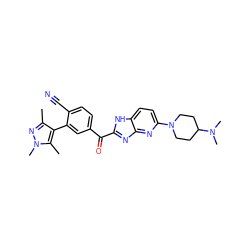 Cc1nn(C)c(C)c1-c1cc(C(=O)c2nc3nc(N4CCC(N(C)C)CC4)ccc3[nH]2)ccc1C#N ZINC000084689001