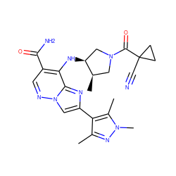 Cc1nn(C)c(C)c1-c1cn2ncc(C(N)=O)c(N[C@H]3CN(C(=O)C4(C#N)CC4)C[C@H]3C)c2n1 ZINC001772610958