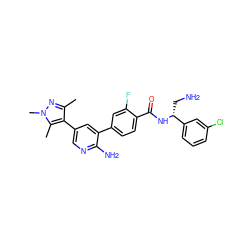 Cc1nn(C)c(C)c1-c1cnc(N)c(-c2ccc(C(=O)N[C@H](CN)c3cccc(Cl)c3)c(F)c2)c1 ZINC001772644483