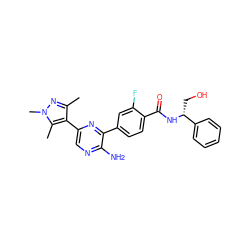 Cc1nn(C)c(C)c1-c1cnc(N)c(-c2ccc(C(=O)N[C@H](CO)c3ccccc3)c(F)c2)n1 ZINC001772611797