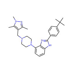 Cc1nn(C)c(C)c1CN1CCN(c2cccc3[nH]c(-c4ccc(C(C)(C)C)cc4)nc23)CC1 ZINC000040955706