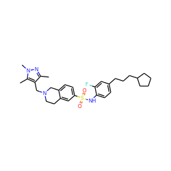 Cc1nn(C)c(C)c1CN1CCc2cc(S(=O)(=O)Nc3ccc(CCCC4CCCC4)cc3F)ccc2C1 ZINC000220179906