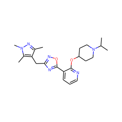 Cc1nn(C)c(C)c1Cc1noc(-c2cccnc2OC2CCN(C(C)C)CC2)n1 ZINC000653779516