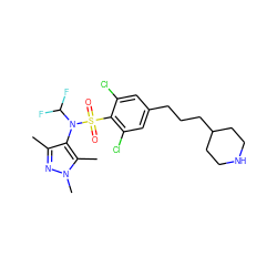 Cc1nn(C)c(C)c1N(C(F)F)S(=O)(=O)c1c(Cl)cc(CCCC2CCNCC2)cc1Cl ZINC000199939116