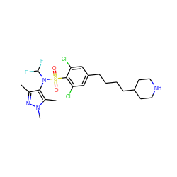 Cc1nn(C)c(C)c1N(C(F)F)S(=O)(=O)c1c(Cl)cc(CCCCC2CCNCC2)cc1Cl ZINC000140248151