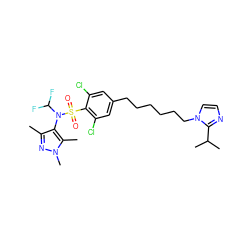 Cc1nn(C)c(C)c1N(C(F)F)S(=O)(=O)c1c(Cl)cc(CCCCCCn2ccnc2C(C)C)cc1Cl ZINC000199946891